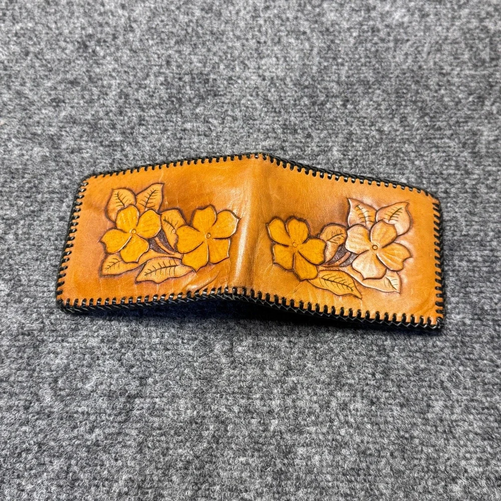 Unbranded Tooled Leather Wallet Mens OS Tan Floral Western Cowboy Bifold Boho